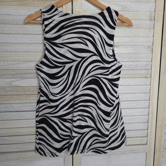 Chico's Women Sz 2 US L Black White Zebra Print Mesh Pleated Scoop Neck Tank Top - Picture 5 of 6
